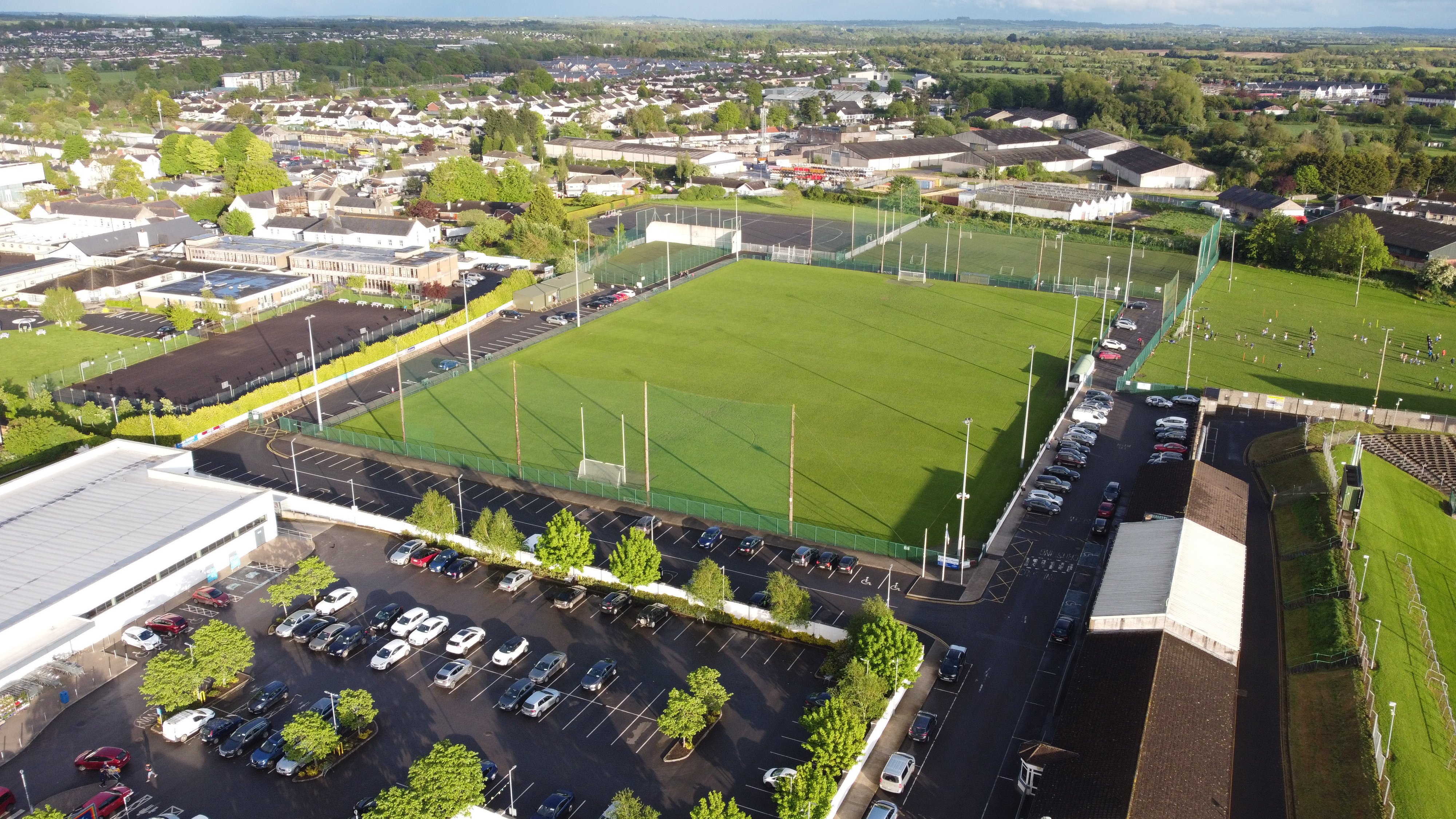 Aerial drone shot of GAA pitch and grounds, Ireland